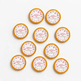 Pink floral-patterned 40mm milk chocolate confirmation chocolate coins with gold edges personalized for emilys confirmation day