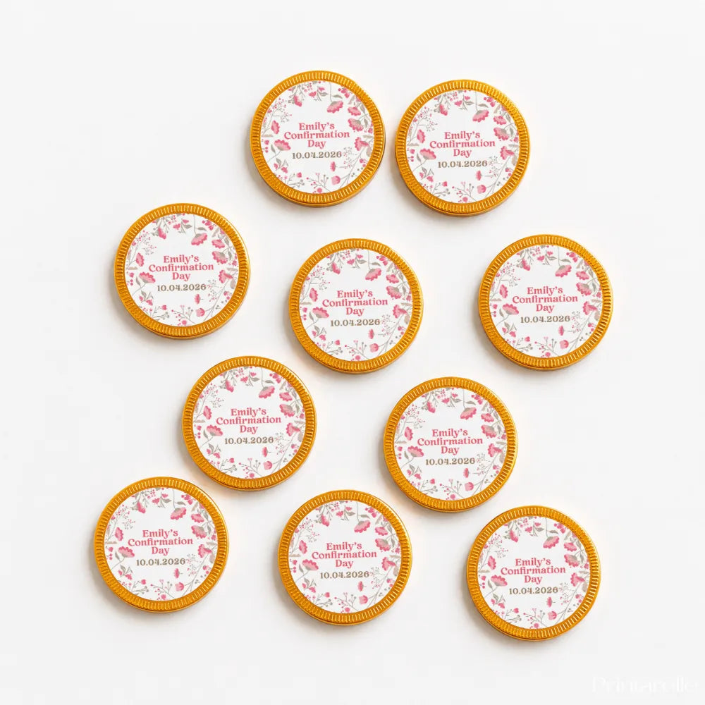 Pink floral-patterned 40mm milk chocolate confirmation chocolate coins with gold edges personalized for emilys confirmation day
