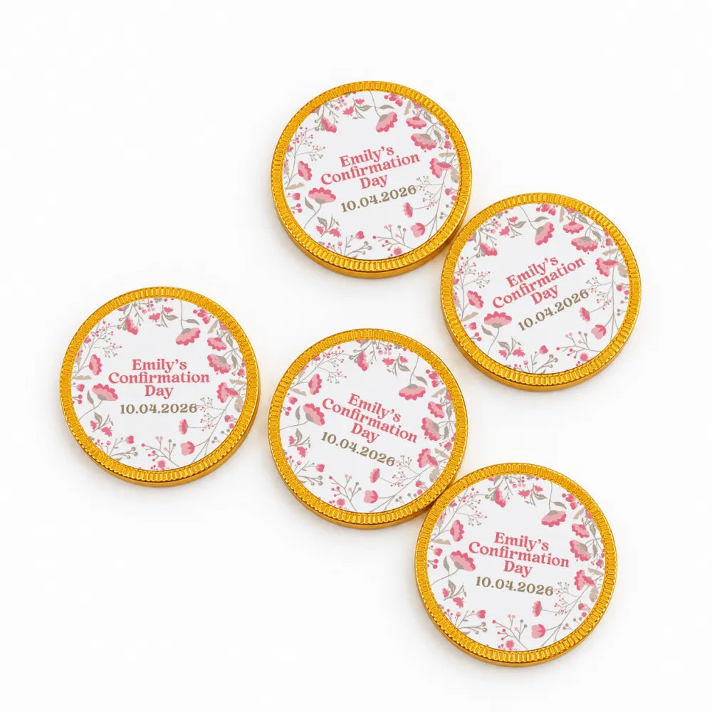 Pink floral-patterned 40mm milk chocolate coins with gold foil and personalized text for emilys confirmation day