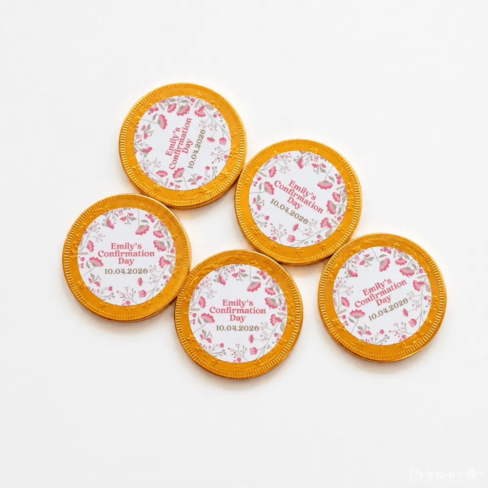 Golden milk chocolate coins 40mm with pink floral designs and personalised confirmation labels for emilys day