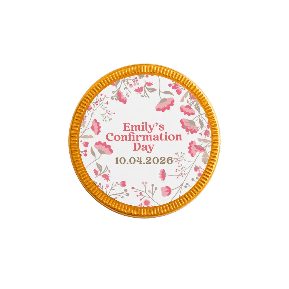 A 40mm milk chocolate coin with gold edges and pink floral design personalized for emilys confirmation day