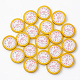 Golden wrapped 40mm milk chocolate coins with pink floral designs and personalized confirmation text in red centers