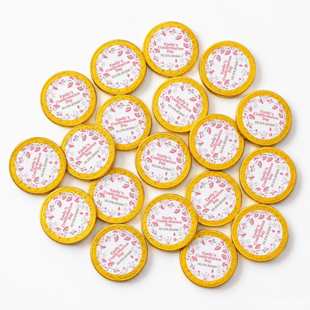 Golden wrapped 40mm milk chocolate coins with pink floral designs and personalized confirmation text in red centers
