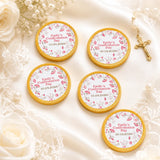 Gold wrapped 40mm milk chocolate coins with pink floral designs and personalized confirmation chocolate coins text