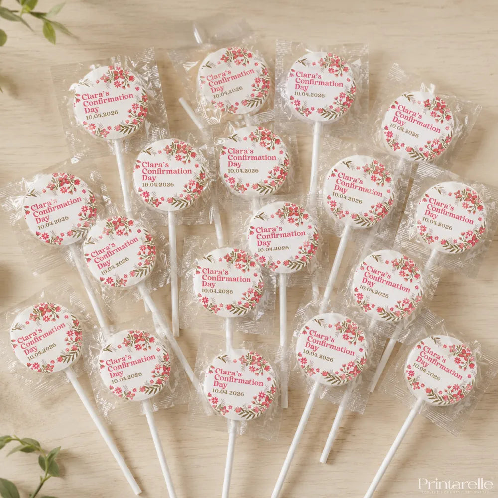 Pink floral-patterned lollipop favours with white sticks and clear wrappers featuring pink blossoms for blossom grace confirmation
