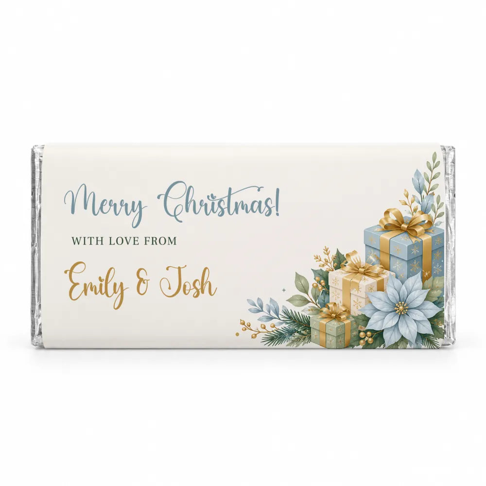 A personalised 40g chocolate bar wrapped in cream foil with ice blue and gold gift box design for christmas gift