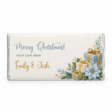 A personalised 40g chocolate bar wrapped in cream foil with ice blue and gold gift box design for christmas gift