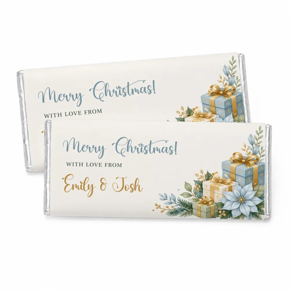Blue and gold christmas personalised 40g chocolate bar with silver foil and ice blue gift box illustrations