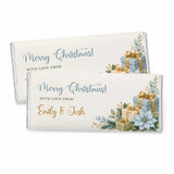 Blue and gold christmas personalised 40g chocolate bar with silver foil and ice blue gift box illustrations