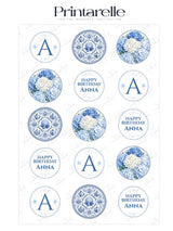 Blue and white chinoiserie birthday cupcake toppers with floral designs, monograms, and birthday messages for cupcakes