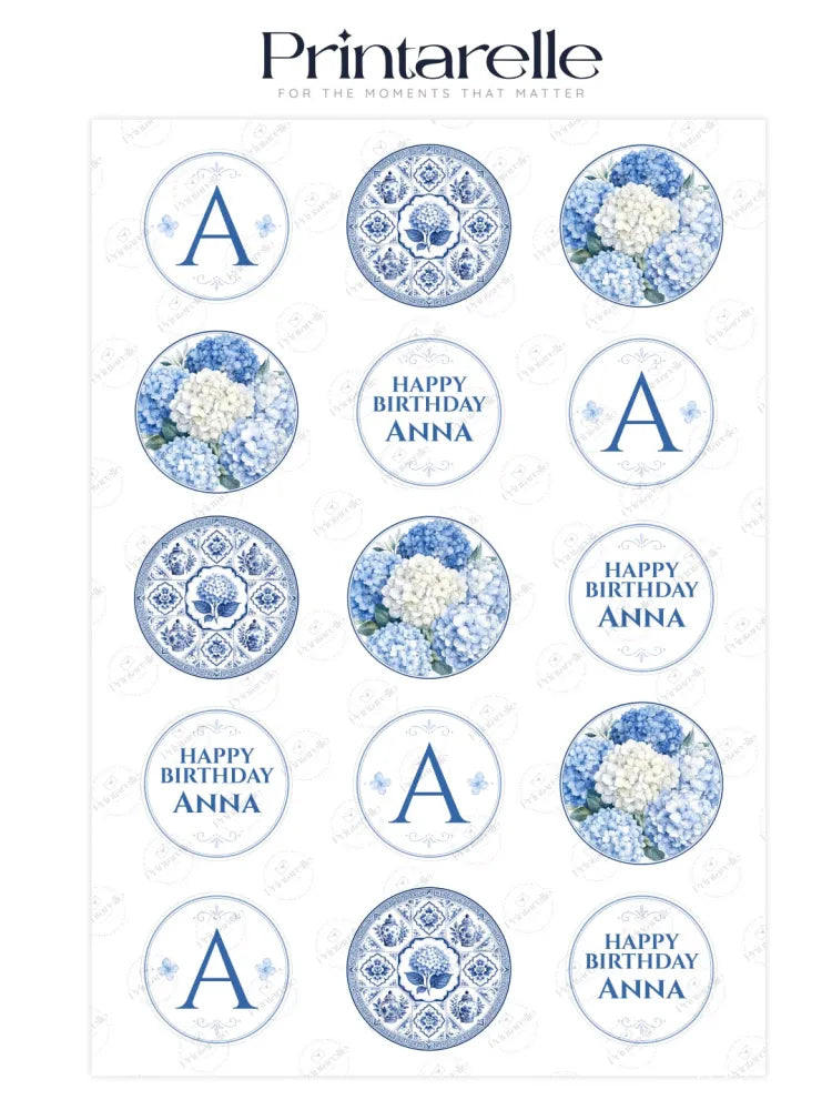 Blue and white chinoiserie birthday cupcake toppers with floral designs, monograms, and birthday messages for cupcakes