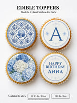 Blue and white chinoiserie birthday cupcake toppers with intricate floral patterns and personalized edible designs