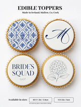 Blue and white elegant hen party cupcake toppers with gold-edged edible patterned designs for hen party cupcakes