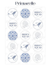Printable hen party cupcake toppers with navy blue and white monogram floral and brides squad stickers