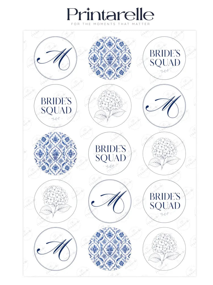 Printable hen party cupcake toppers with navy blue and white monogram floral and brides squad stickers