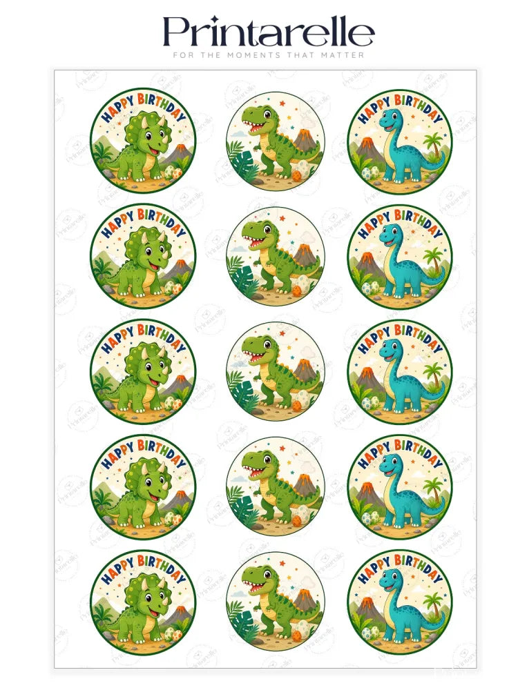 Circular edible cupcake toppers with blue and green cartoon dinosaurs on white with jungle and volcano scenes