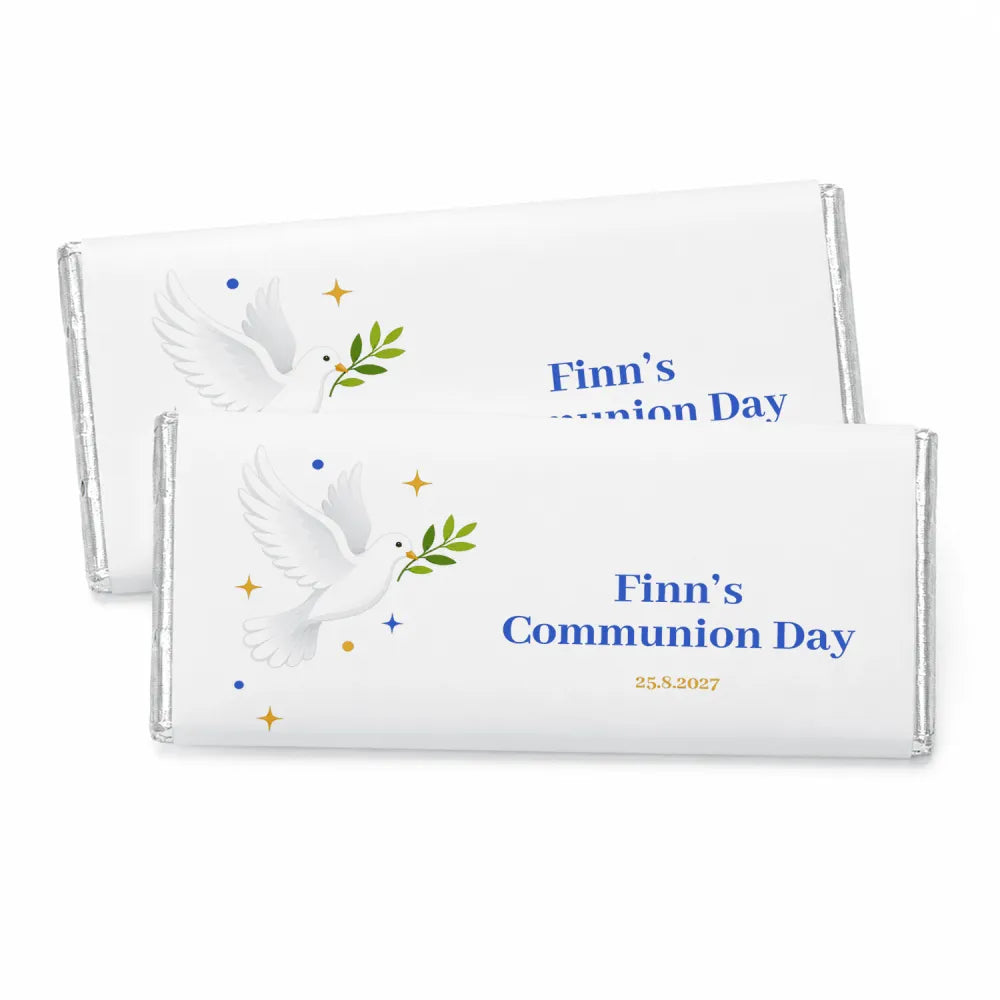 White chocolate bar wrapped in silver foil with royal blue and gold stars and an olive branch for personalised 40g gift