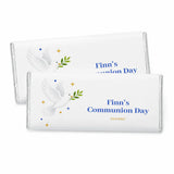 White chocolate bar wrapped in silver foil with royal blue and gold stars and an olive branch for personalised 40g gift