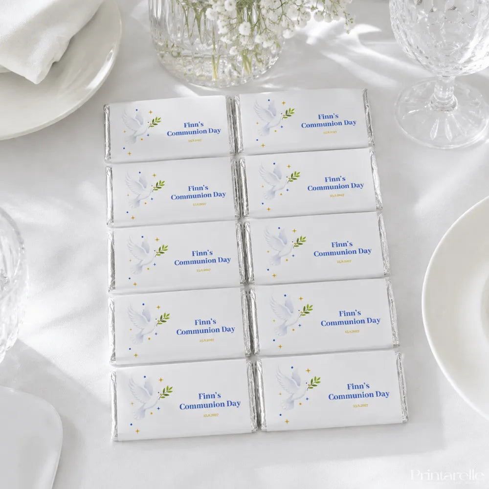 Personalised 40g white chocolate bar with royal blue text featuring a white dove and olive branch design
