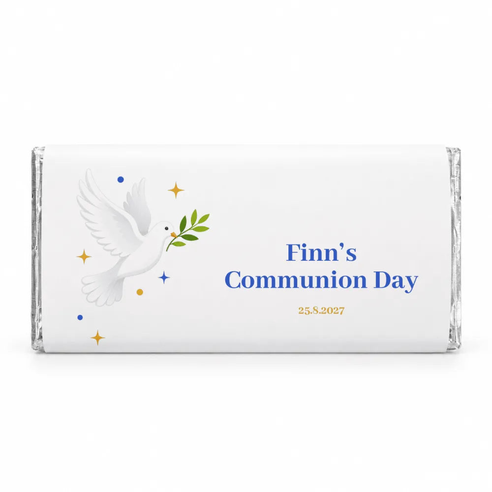 White chocolate bar wrapped in silver foil with a royal blue dove and olive branch design personalised 40g chocolate bar