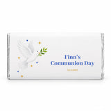 White chocolate bar wrapped in silver foil with a royal blue dove and olive branch design personalised 40g chocolate bar