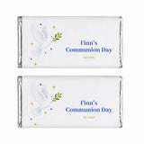 White chocolate personalised 40g bar wrapped in silver foil with royal blue dove holding olive branch design