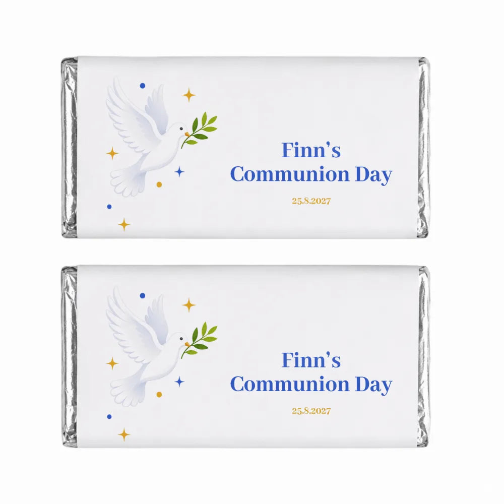 White chocolate personalised 40g bar wrapped in silver foil with royal blue dove holding olive branch design