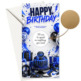 Blue and black birthday scratch card with scratch-off panel revealing 300 euros surrounded by balloons gifts and gaming gear