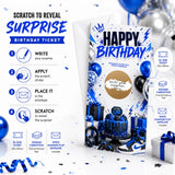Blue level up birthday scratch card featuring a blue and white scratch card with gold reveal and party icons