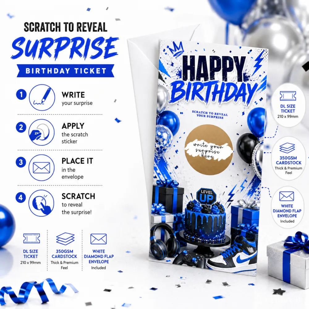 Blue level up birthday scratch card featuring a blue and white scratch card with gold reveal and party icons