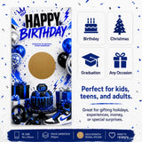 Blue level up birthday scratch card in blue and black with gold reveal sticker featuring balloons cake headphones and sneakers