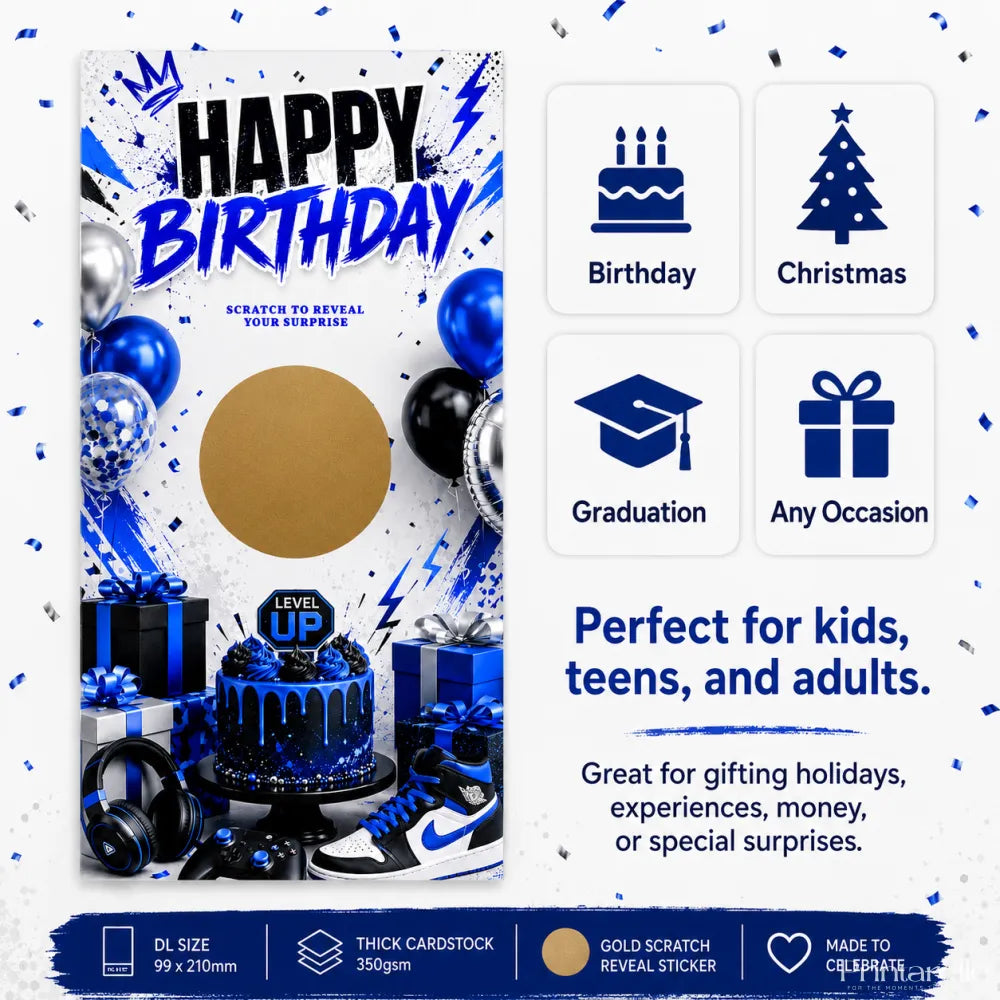 Blue level up birthday scratch card in blue and black with gold reveal sticker featuring balloons cake headphones and sneakers