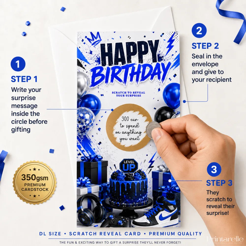 Blue level up birthday scratch card with blue and white design and gold circular scratch area for surprise amount