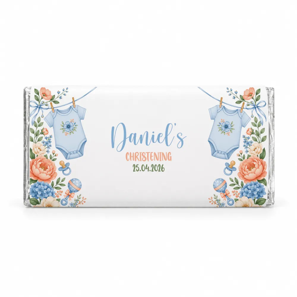 Personalised 40g chocolate bars with blue babygrow design for daniels christening 25 04 2026
