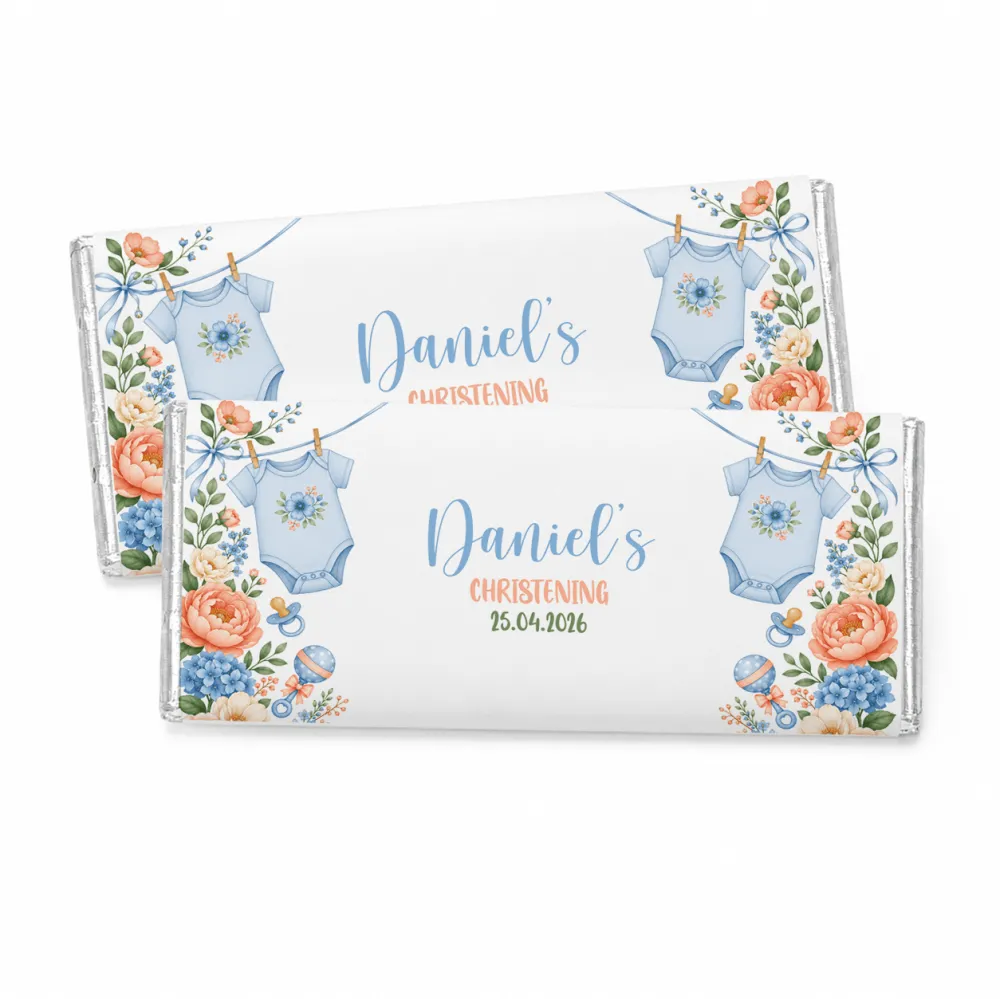 Personalised 40g chocolate bars wrapped in foil with blue babygrow and floral design for daniels christening