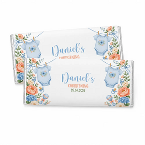 Personalised 40g chocolate bars wrapped in foil with blue babygrow and floral design for daniels christening
