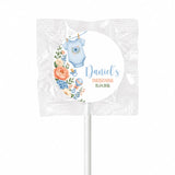 Personalised blue babygrow themed lollipop favours with floral design and event details for christening swirl lollipops