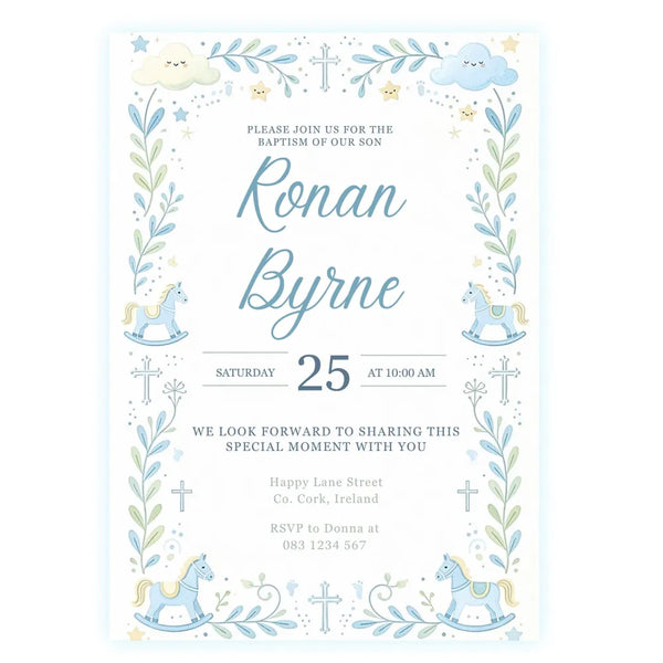Blue Rocking Horse Boy Baptism Invitation - blue rocking horse, blue rocking, rocking horse, baptism invitation,