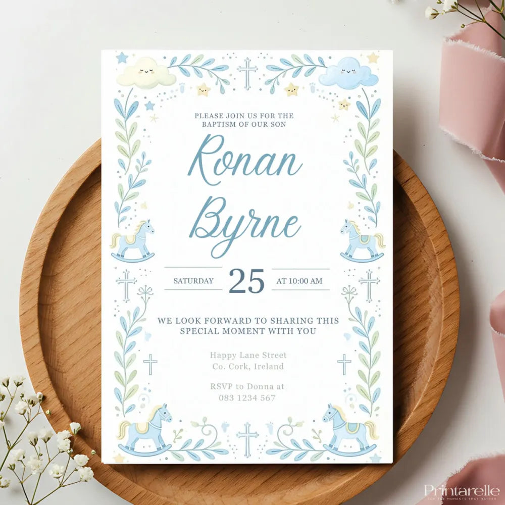 Blue Rocking Horse Boy Baptism Invitation - blue rocking horse, blue rocking, rocking horse, baptism invitation,