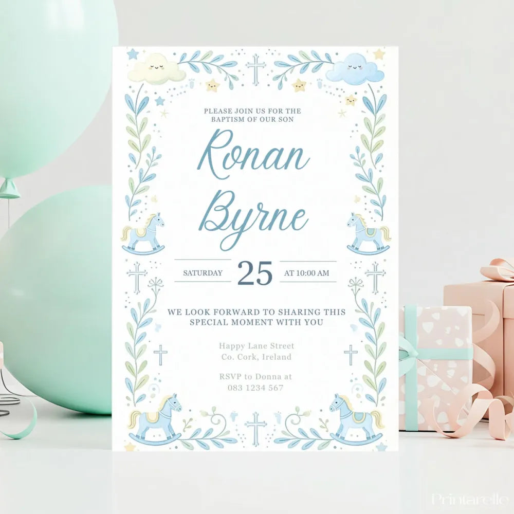 Blue Rocking Horse Boy Baptism Invitation - blue rocking horse, blue rocking, rocking horse, baptism invitation,