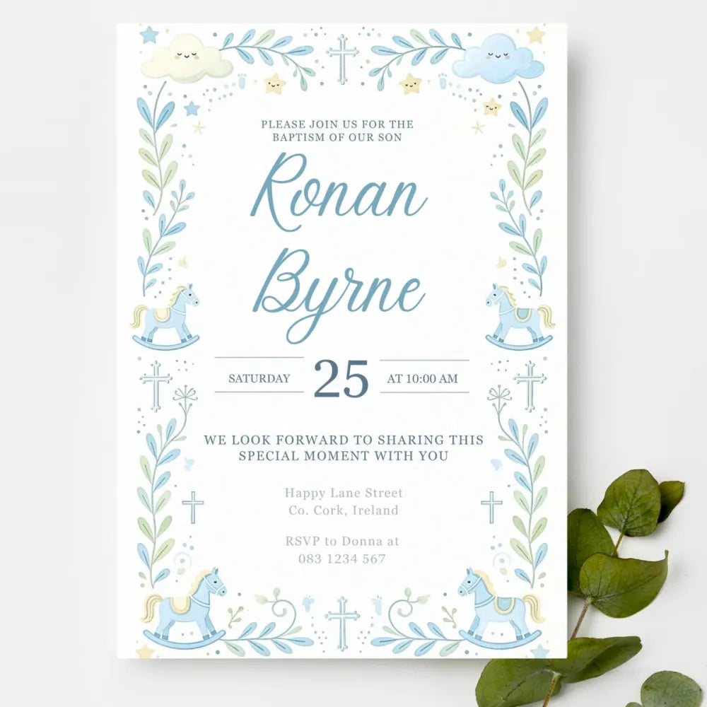 Blue Rocking Horse Boy Baptism Invitation - blue rocking horse, blue rocking, rocking horse, baptism invitation,