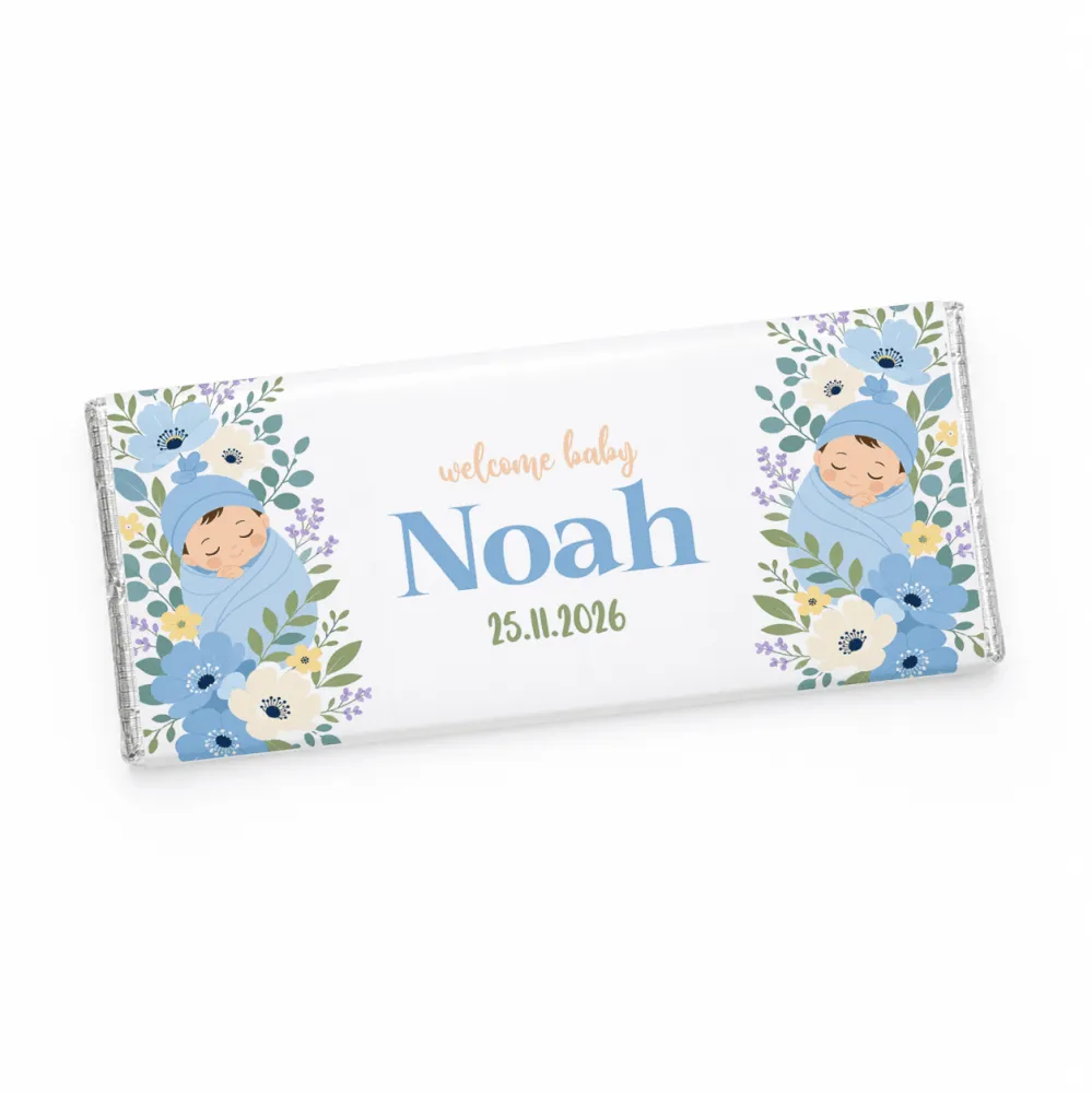 A personalized 40g chocolate bar wrapped in silver foil with blue swaddle floral design and cartoon babies on sides