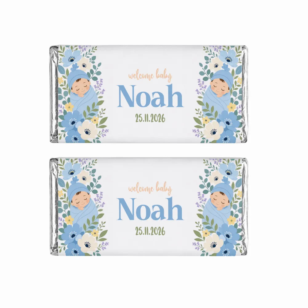Personalized blue swaddle 40g chocolate bars with blue and white floral wrap and sleeping baby boy illustration