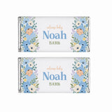 Personalized blue swaddle 40g chocolate bars with blue and white floral wrap and sleeping baby boy illustration