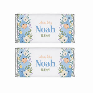 Personalized blue swaddle 40g chocolate bars with blue and white floral wrap and sleeping baby boy illustration