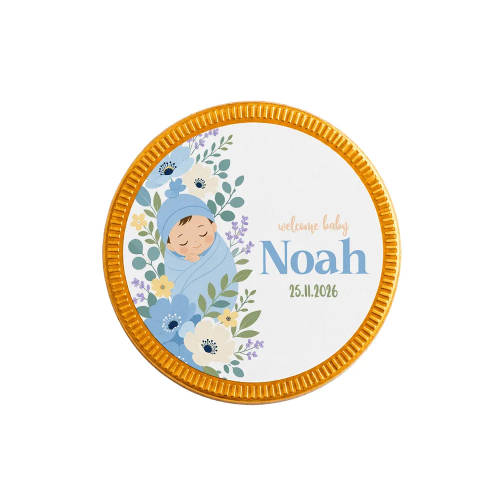 Circular gold-edged milk chocolate coins with blue swaddle baby and welcome baby noah 25.11.2026 design