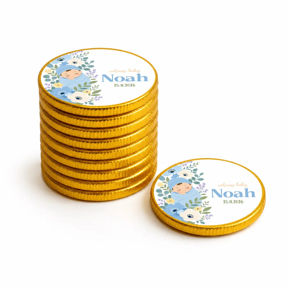 Golden foil wrapped milk chocolate coins with blue swaddle baby design named noah and floral accents date included
