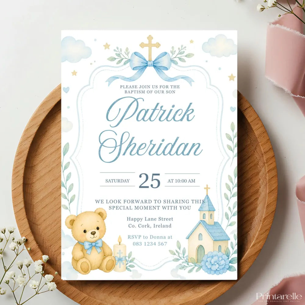 Blue Teddy Bear Church Boy Baptism Invitation - teddy bear, blue teddy bear, teddy bear church, blue teddy, bear church