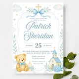 Blue Teddy Bear Church Boy Baptism Invitation - teddy bear, blue teddy bear, teddy bear church, blue teddy, bear church