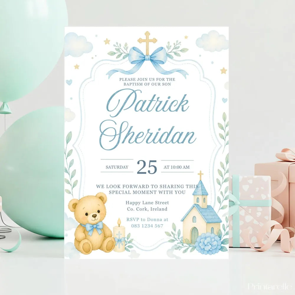 Blue Teddy Bear Church Boy Baptism Invitation - teddy bear, blue teddy bear, teddy bear church, blue teddy, bear church
